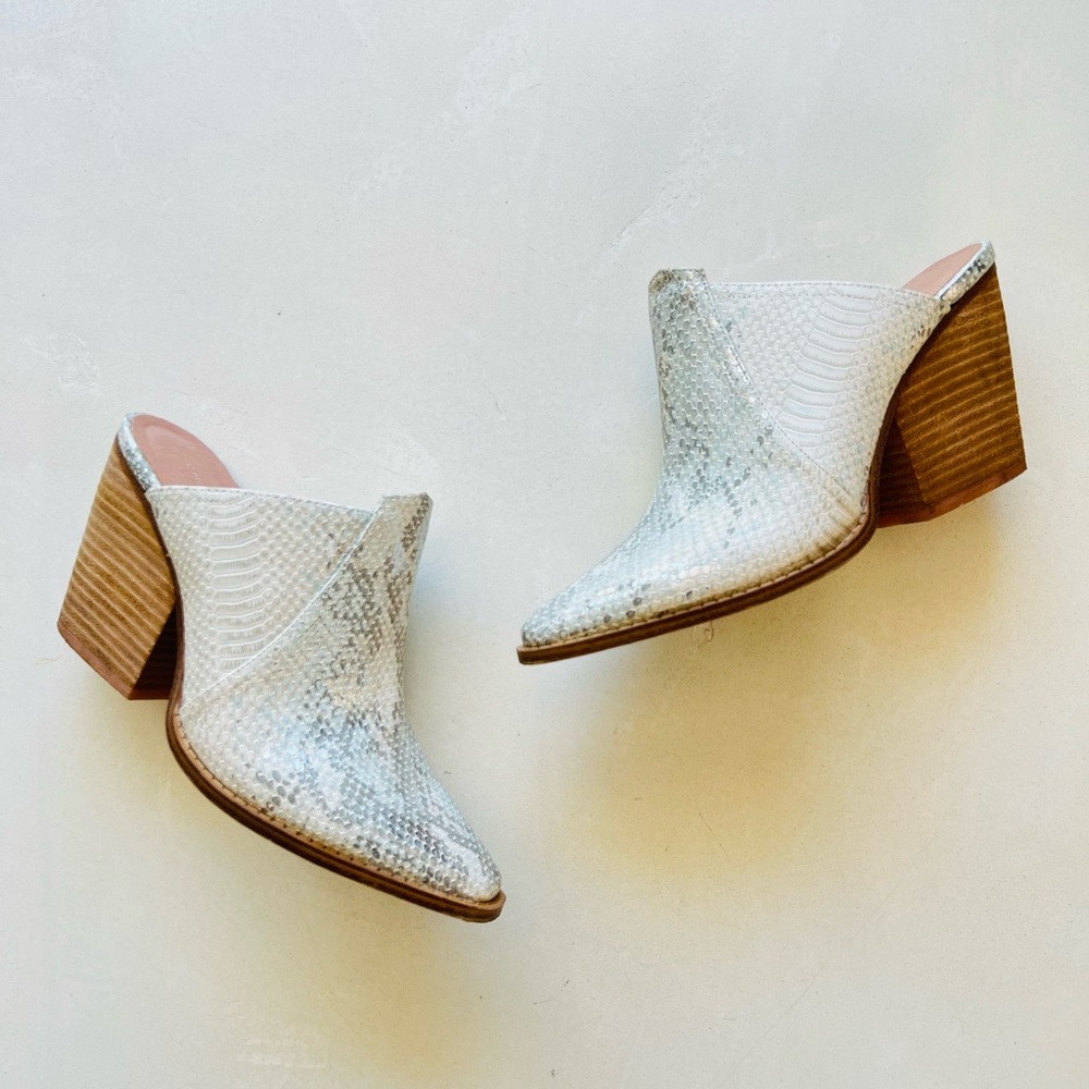 Chinese Laundry White Snake-Embossed Mule Heels
